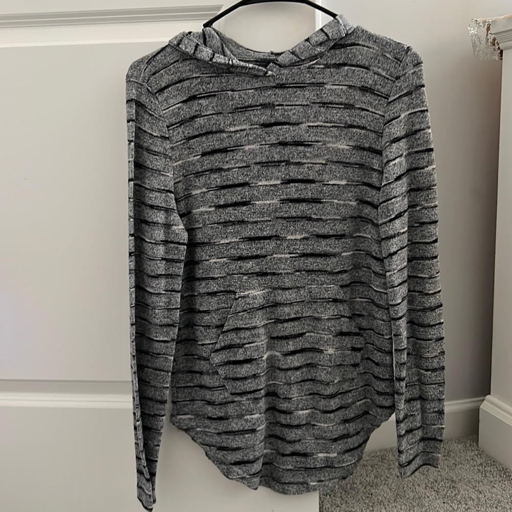 Gray and black stripped hooded sweater